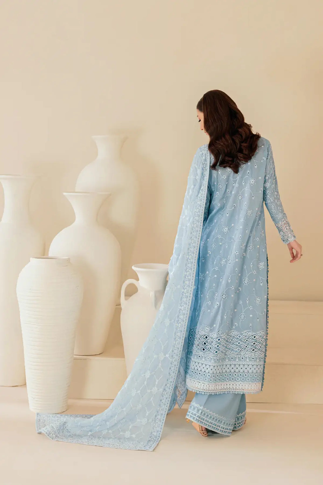 Look B2601B AIK Lawn Vol. 2 Powder Blue Embroidered Lawn Shirt, Cotton Pants & Chiffon Dupatta