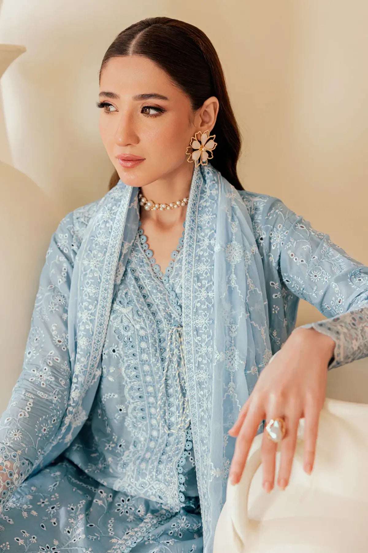 Look B2601B AIK Lawn Vol. 2 Powder Blue Embroidered Lawn Shirt, Cotton Pants & Chiffon Dupatta
