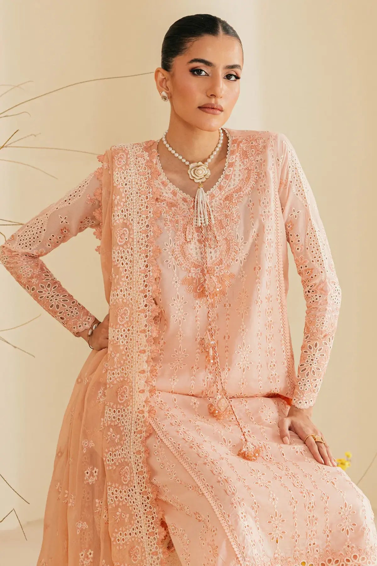 Look B2604B AIK Lawn Vol. 2 Premium Peach Embroidered Lawn Stitched 3PC Suit with Chiffon Dupatta