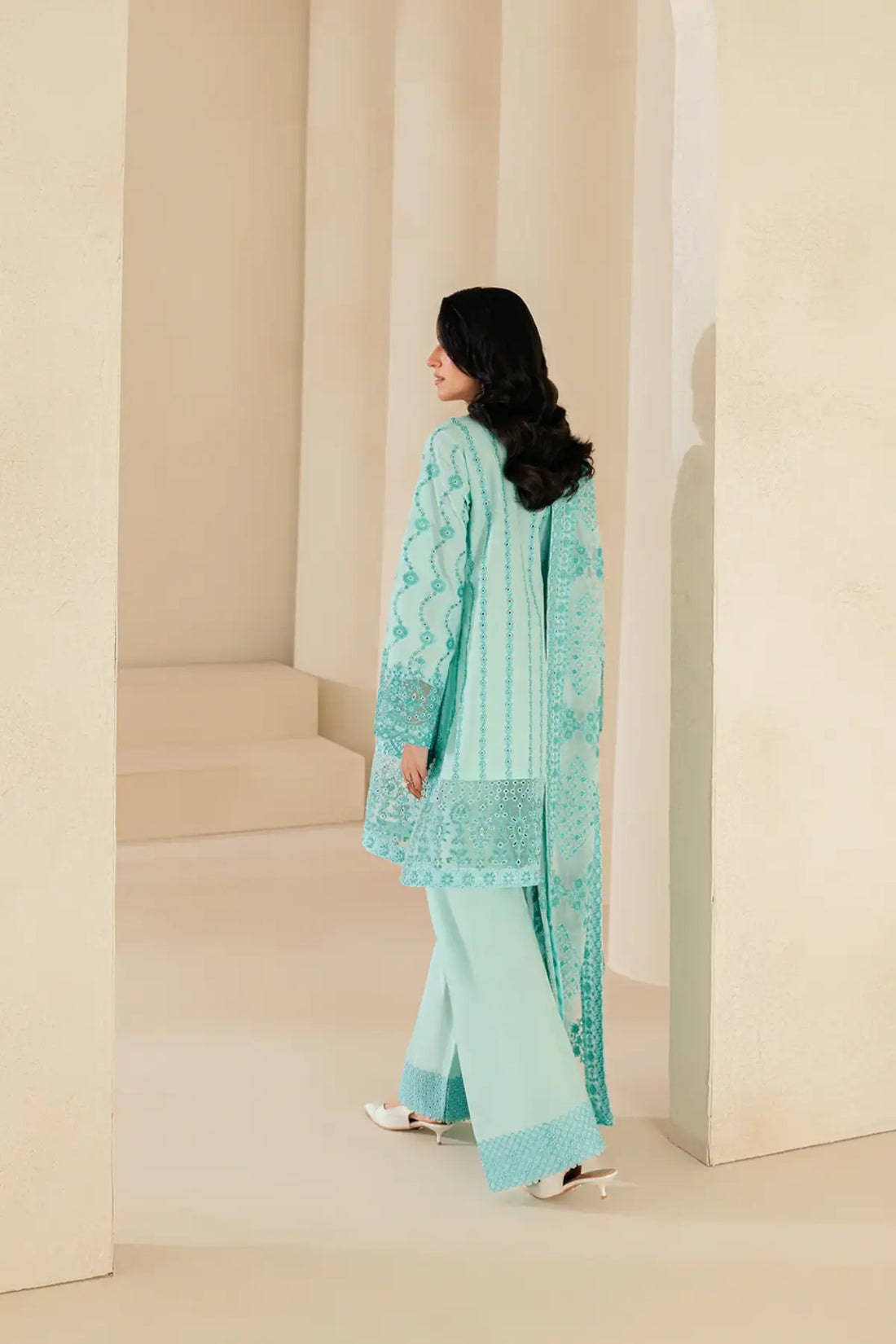 Look B2605A AIK Lawn Vol. 2 Aqua Blue Embroidered Lawn Stitched 3PC Suit with Chiffon Dupatta
