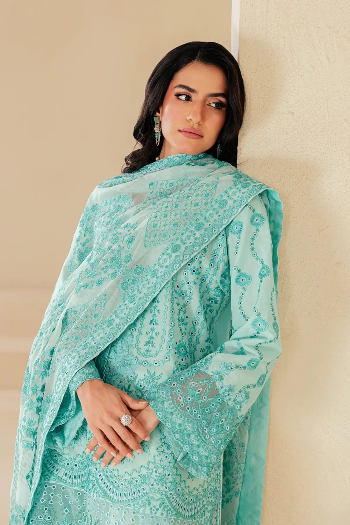 Look B2605A AIK Lawn Vol. 2 Aqua Blue Embroidered Lawn Stitched 3PC Suit with Chiffon Dupatta