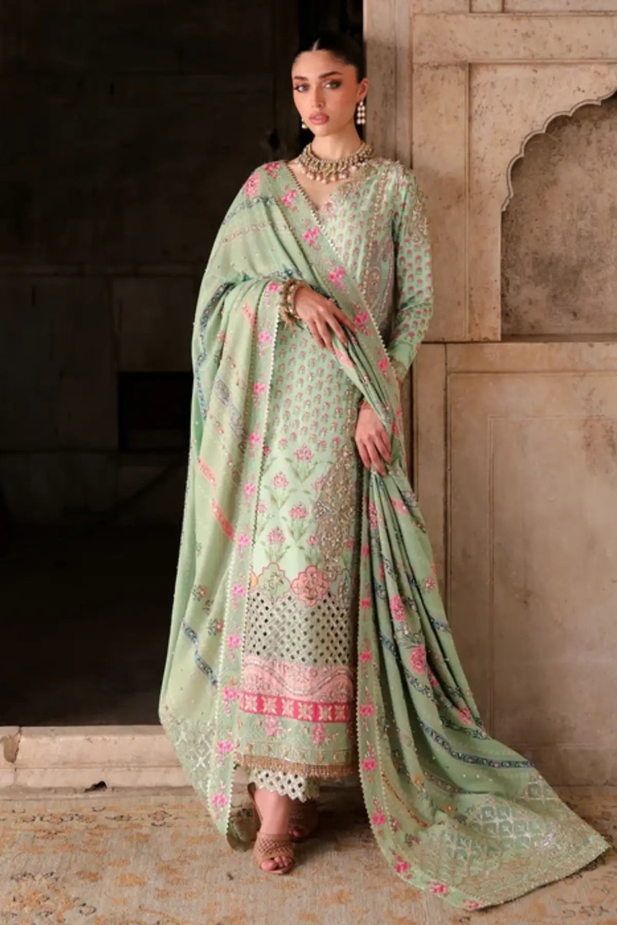 Saira Shakira Wedding Lotus jade green hand embellished Tussar silk wedding suit with raw silk trousers and printed silk dupatta