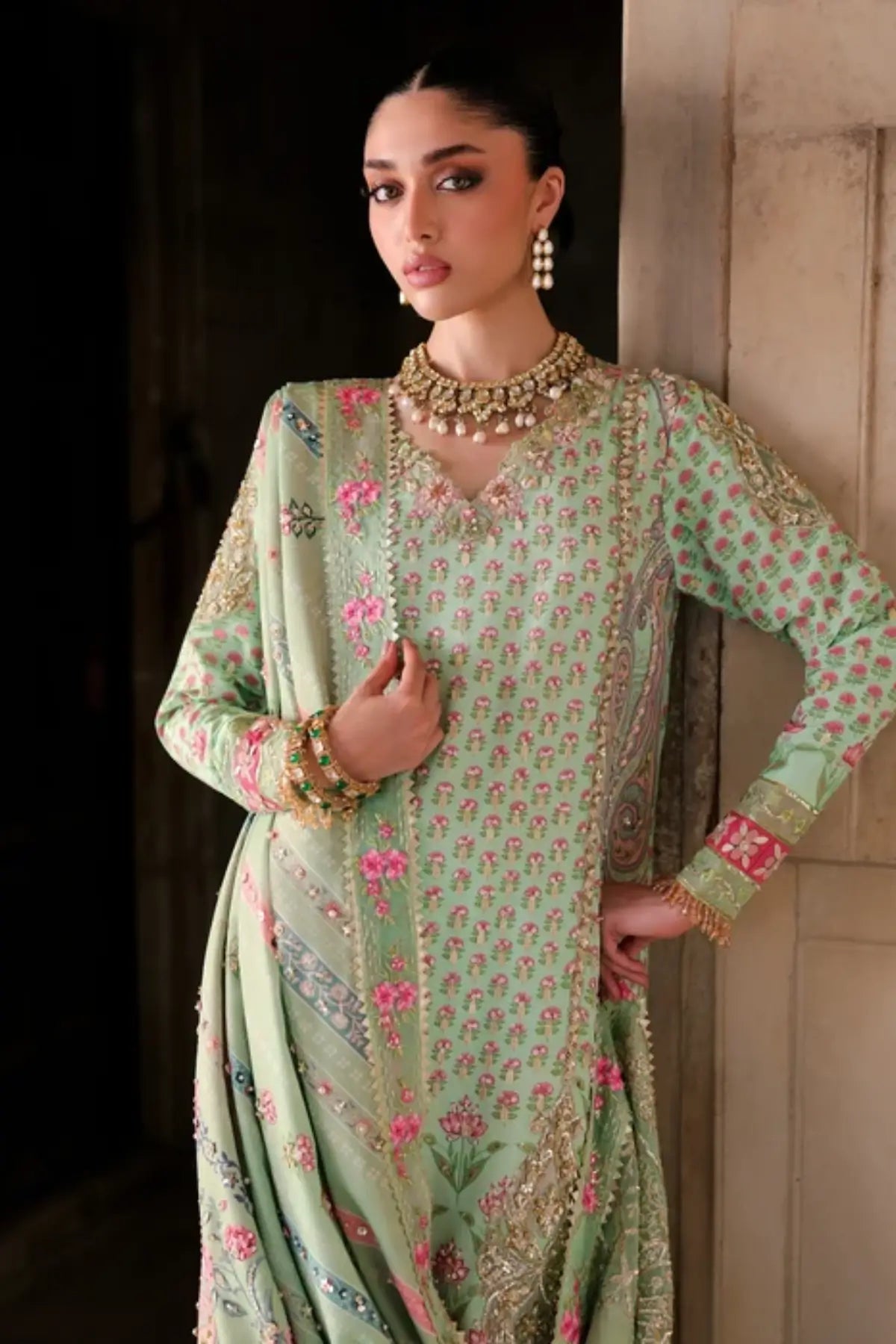 Saira Shakira Wedding Lotus jade green hand embellished Tussar silk wedding suit with raw silk trousers and printed silk dupatta