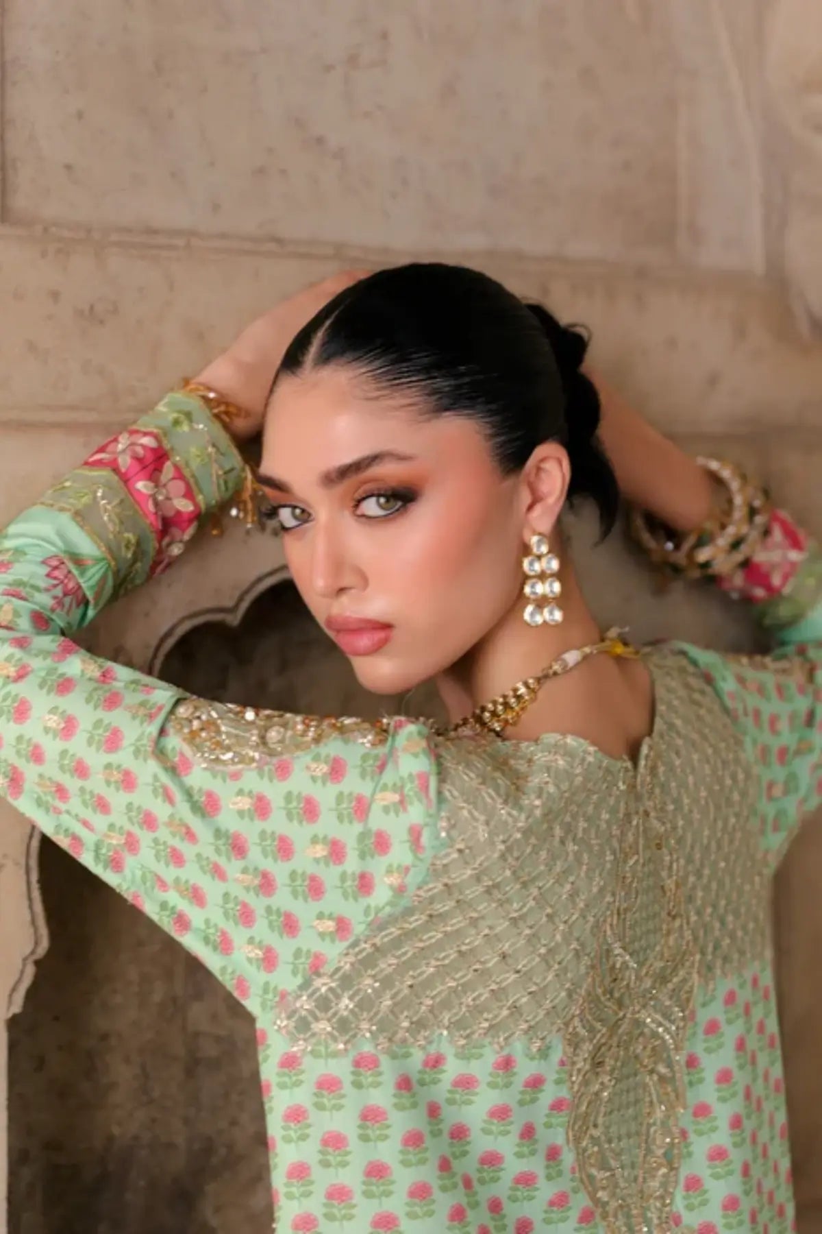 Saira Shakira Wedding Lotus jade green hand embellished Tussar silk wedding suit with raw silk trousers and printed silk dupatta