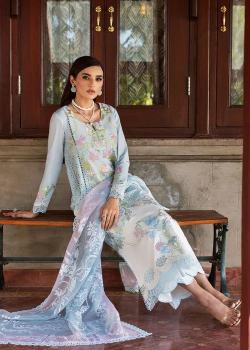 Lotus Reverie 4-B-Elegant Embroidered Lawn Suit with Blue Cutwork for Summer Parties & Events-Saira Shakira