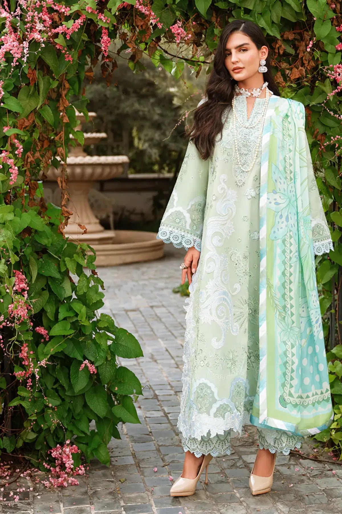 Mint green Love Escape by Mushq chikan lawn 3PC suit with cotton trouser and silk dupatta