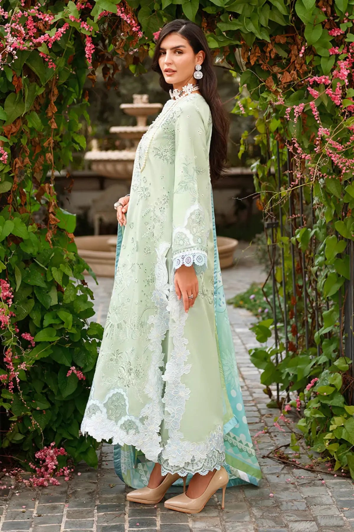 Mint green Love Escape by Mushq chikan lawn 3PC suit with cotton trouser and silk dupatta
