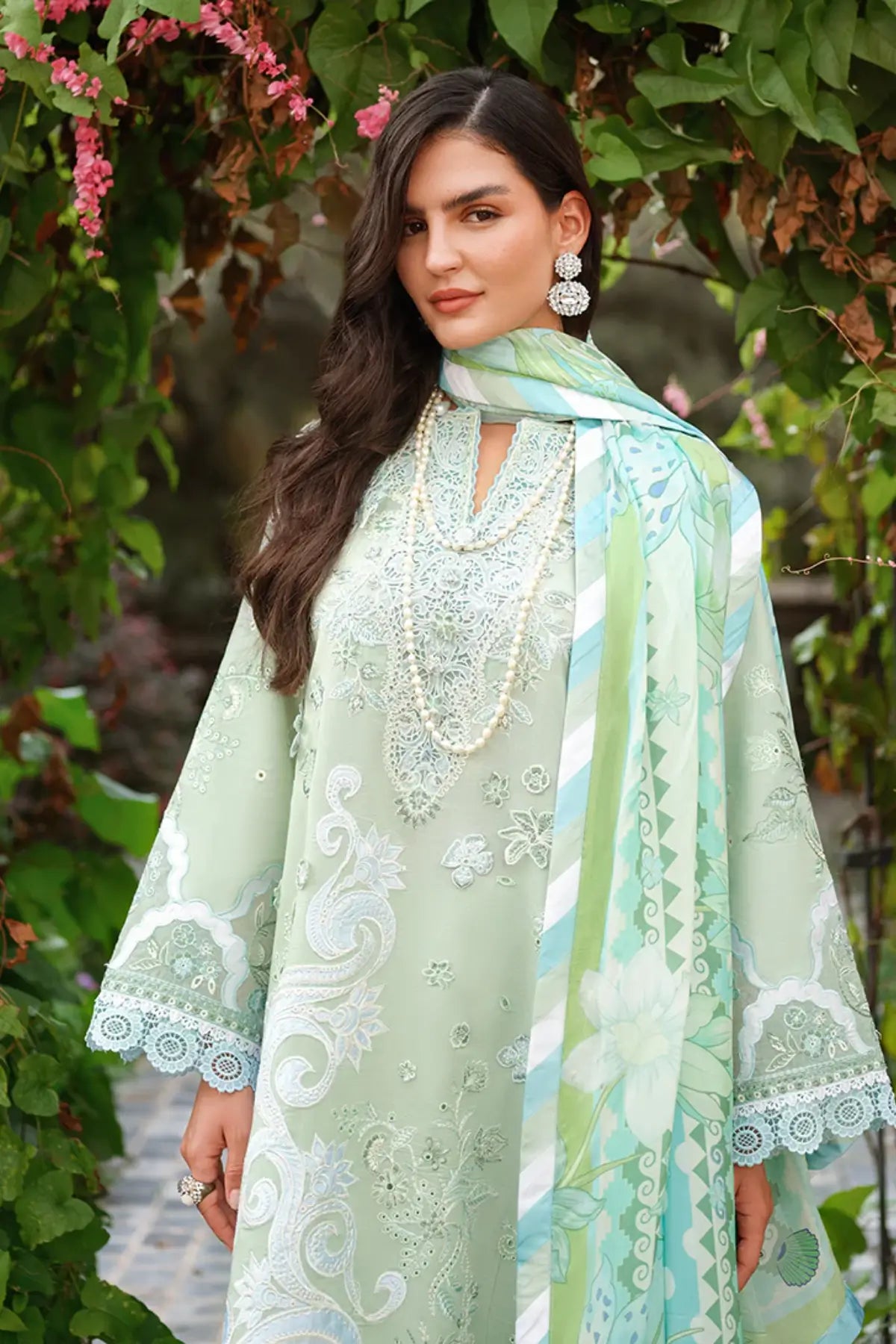 Mint green Love Escape by Mushq chikan lawn 3PC suit with cotton trouser and silk dupatta