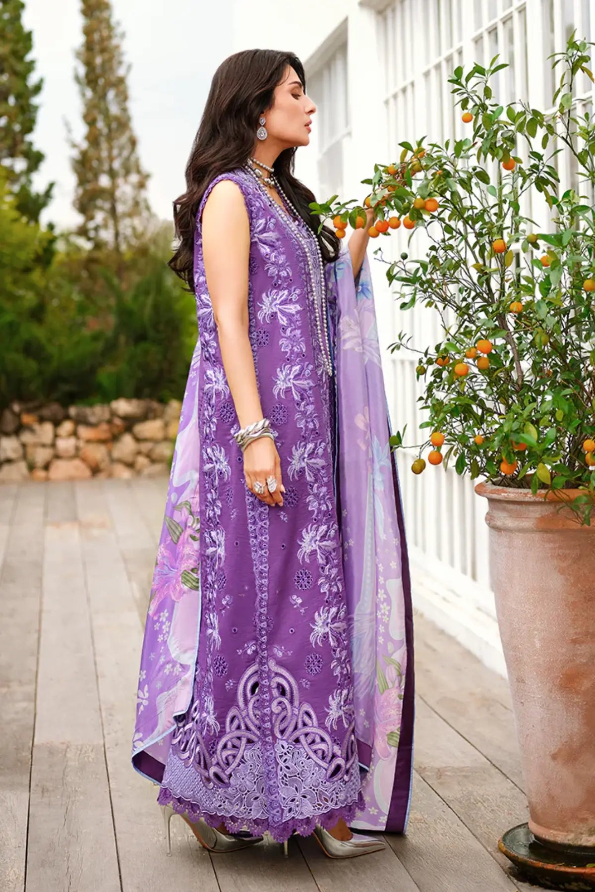 Purple Lovers Lane by Mushq chikan embroidered lawn 3PC suit with silk dupatta and lace details
