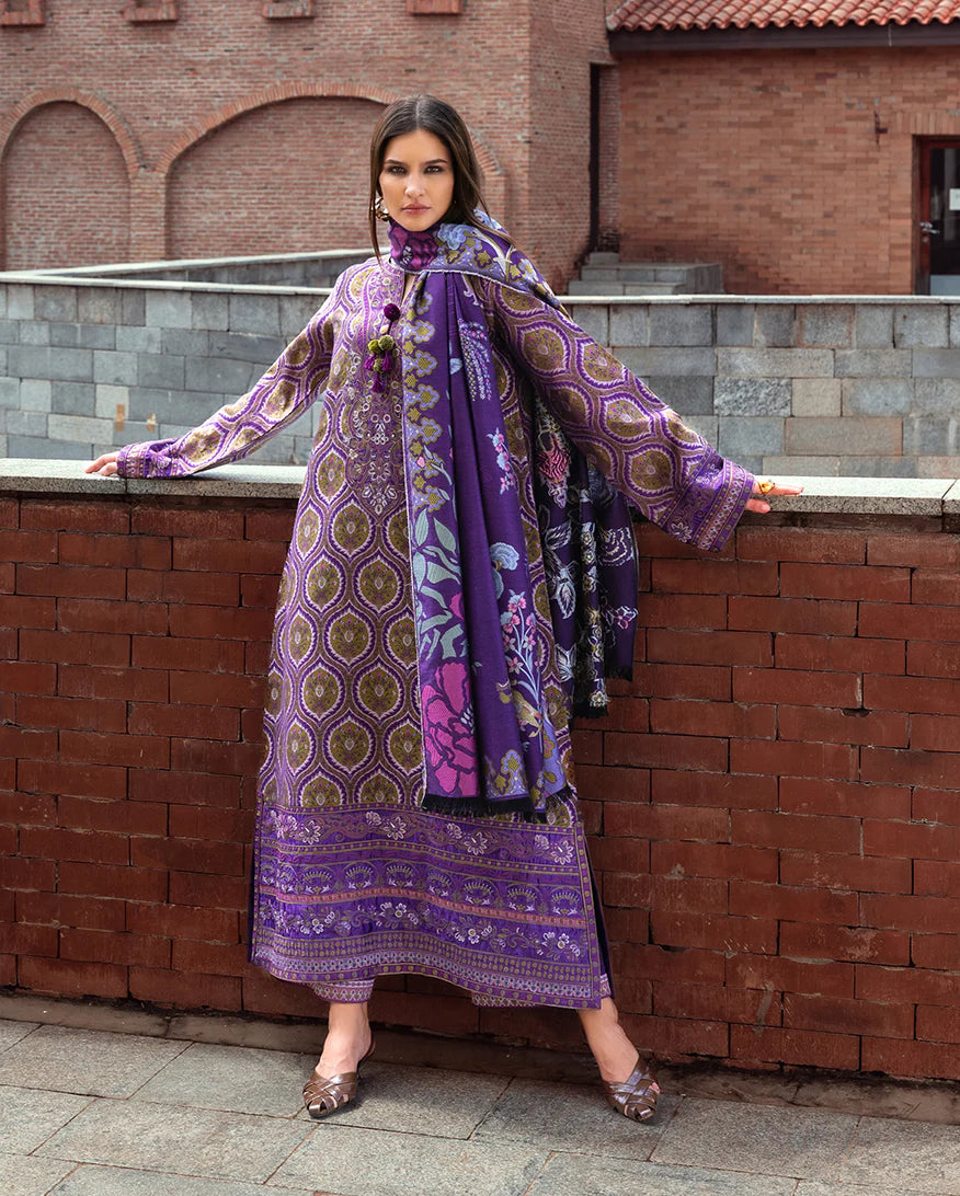 Model wearing Mushq Luce Toscana olive gold embroidered karandi winter outfit with dobby shawl – Winter Broadway 2025