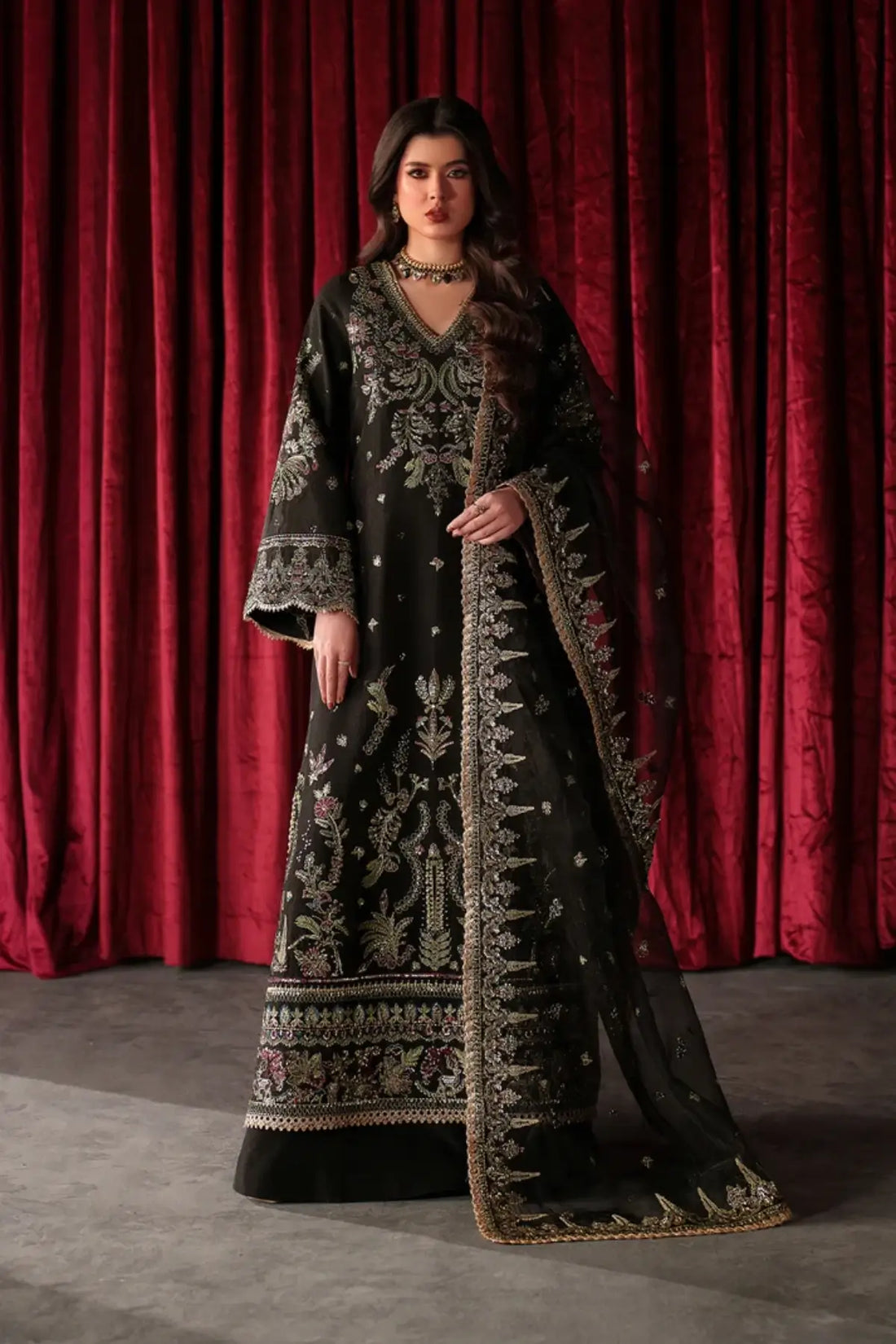 Luce black embroidered raw silk Pakistani formal stitched 3PC suit with organza dupatta