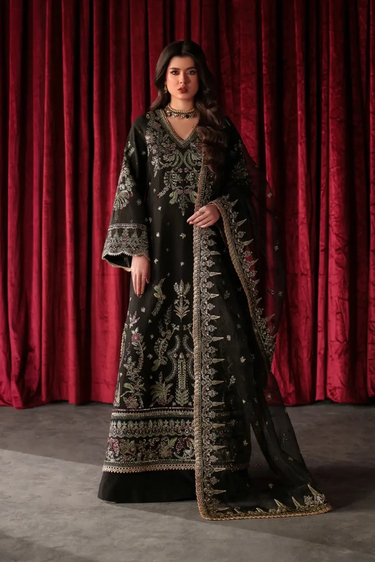 Luce black embroidered raw silk Pakistani formal stitched 3PC suit with organza dupatta