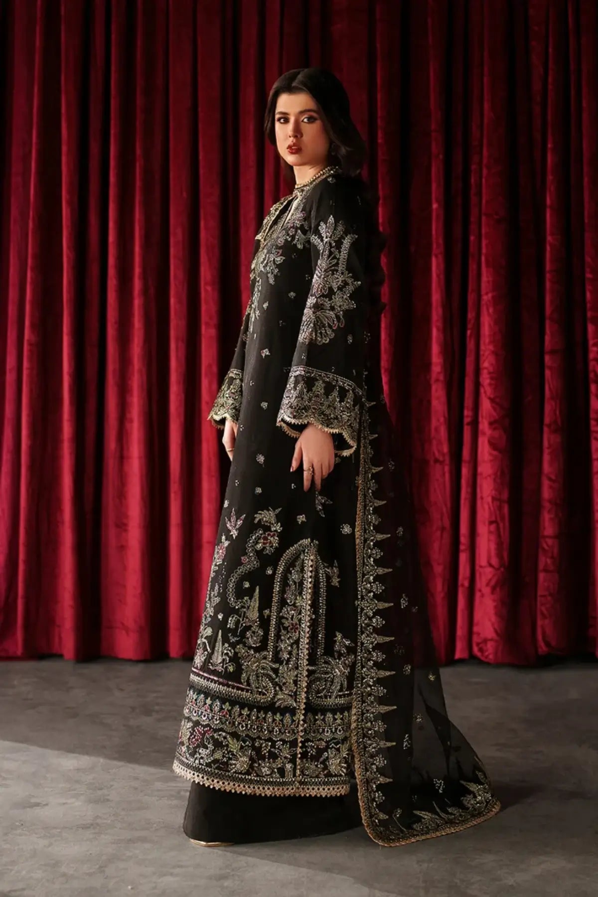 Luce black embroidered raw silk Pakistani formal stitched 3PC suit with organza dupatta