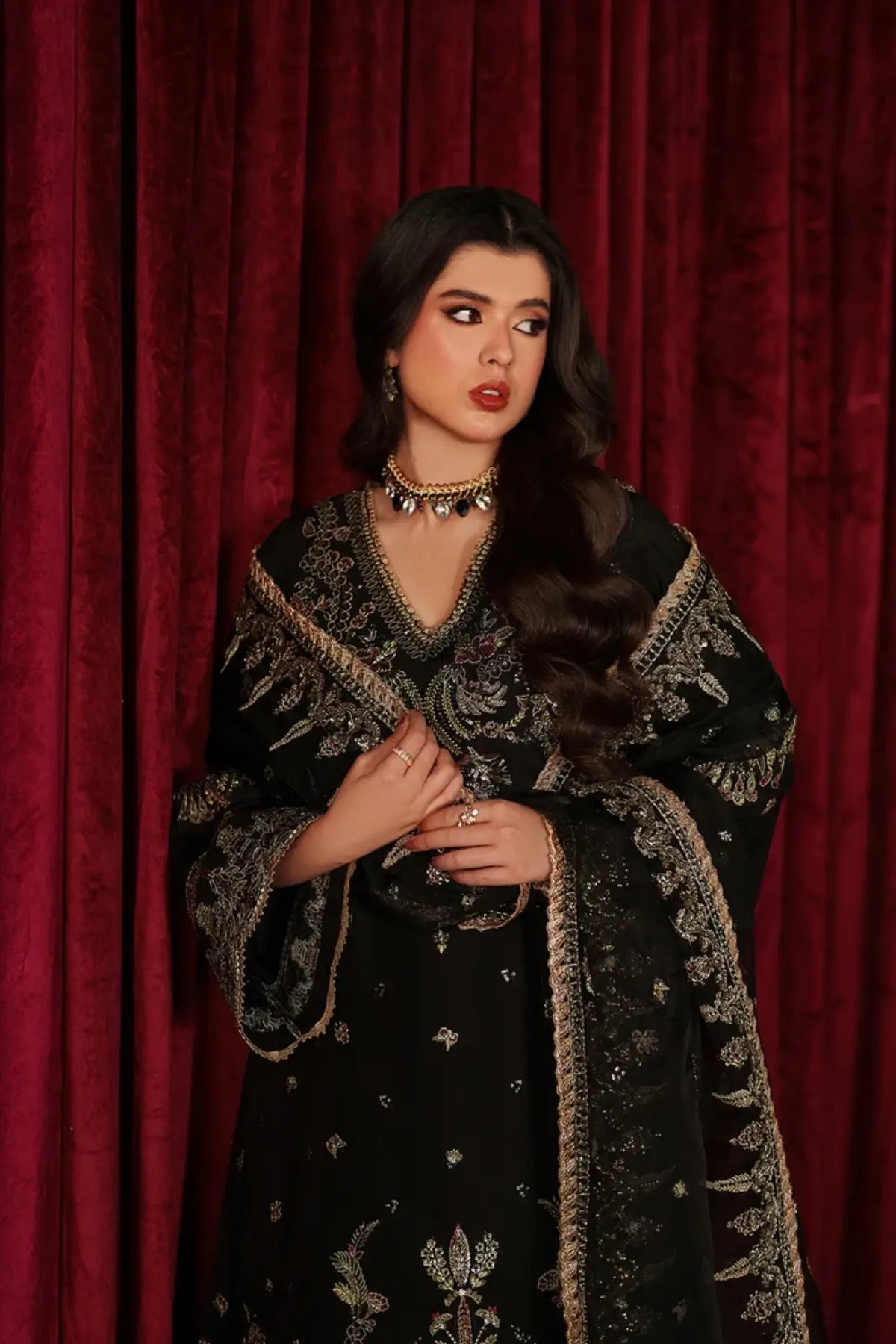 Luce black embroidered raw silk Pakistani formal stitched 3PC suit with organza dupatta