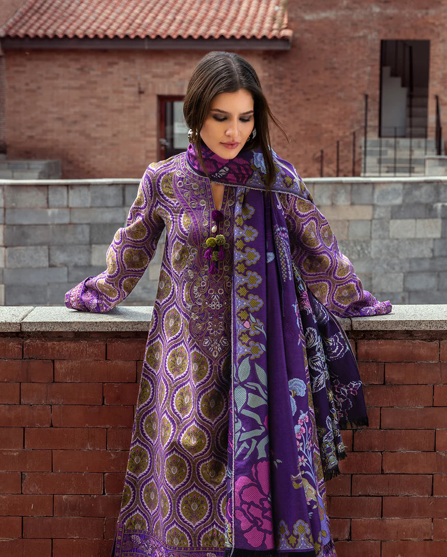 Model wearing Mushq Luce Toscana olive gold embroidered karandi winter outfit with dobby shawl – Winter Broadway 2025