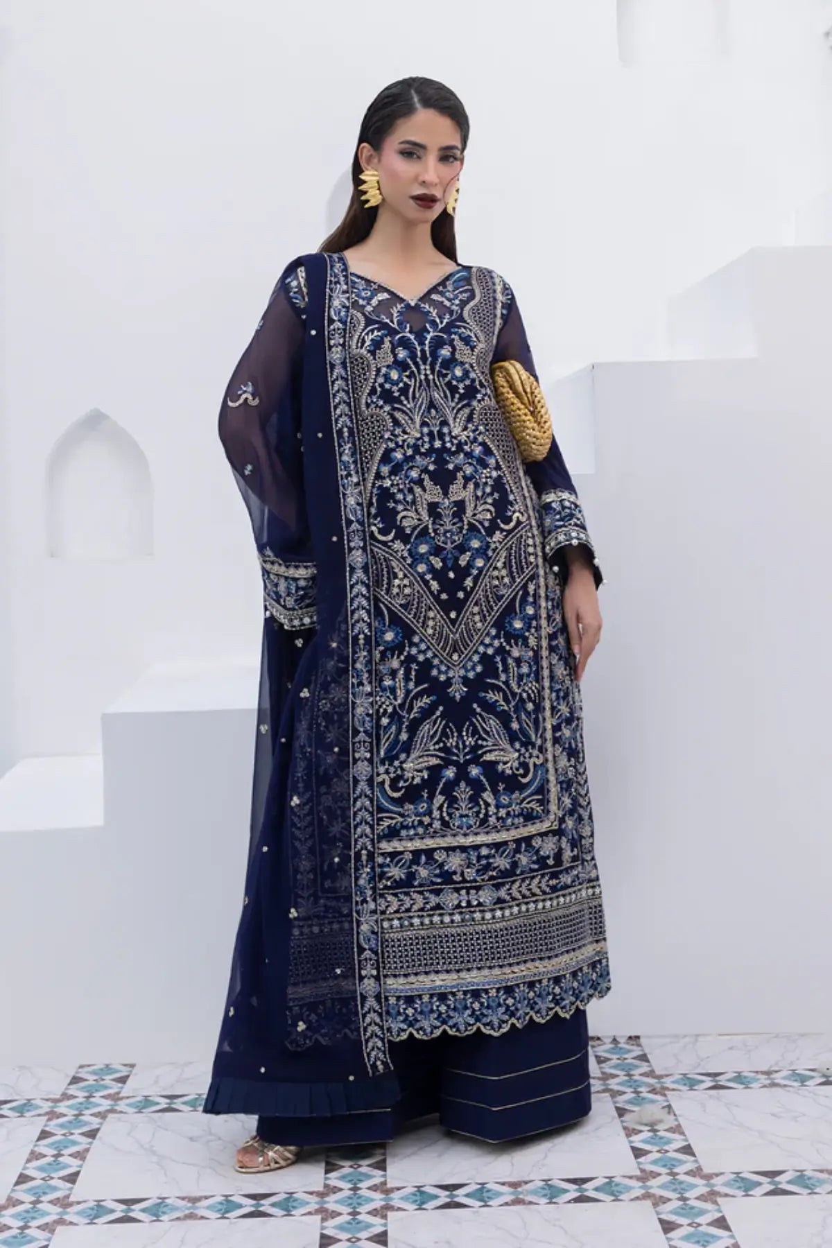 Lueur Gulaal Maeri Luxury Chiffon Navy Blue Stitched Suit with embroidered chiffon shirt, dupatta and raw silk trousers