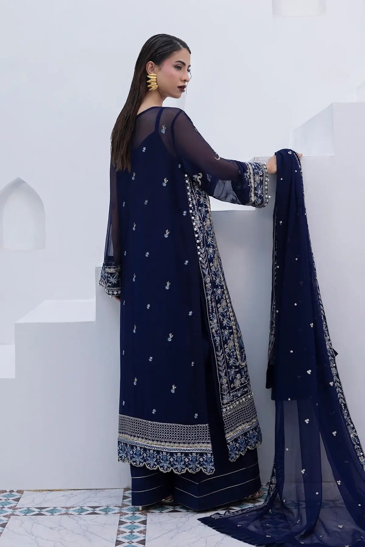 Lueur Gulaal Maeri Luxury Chiffon Navy Blue Stitched Suit with embroidered chiffon shirt, dupatta and raw silk trousers