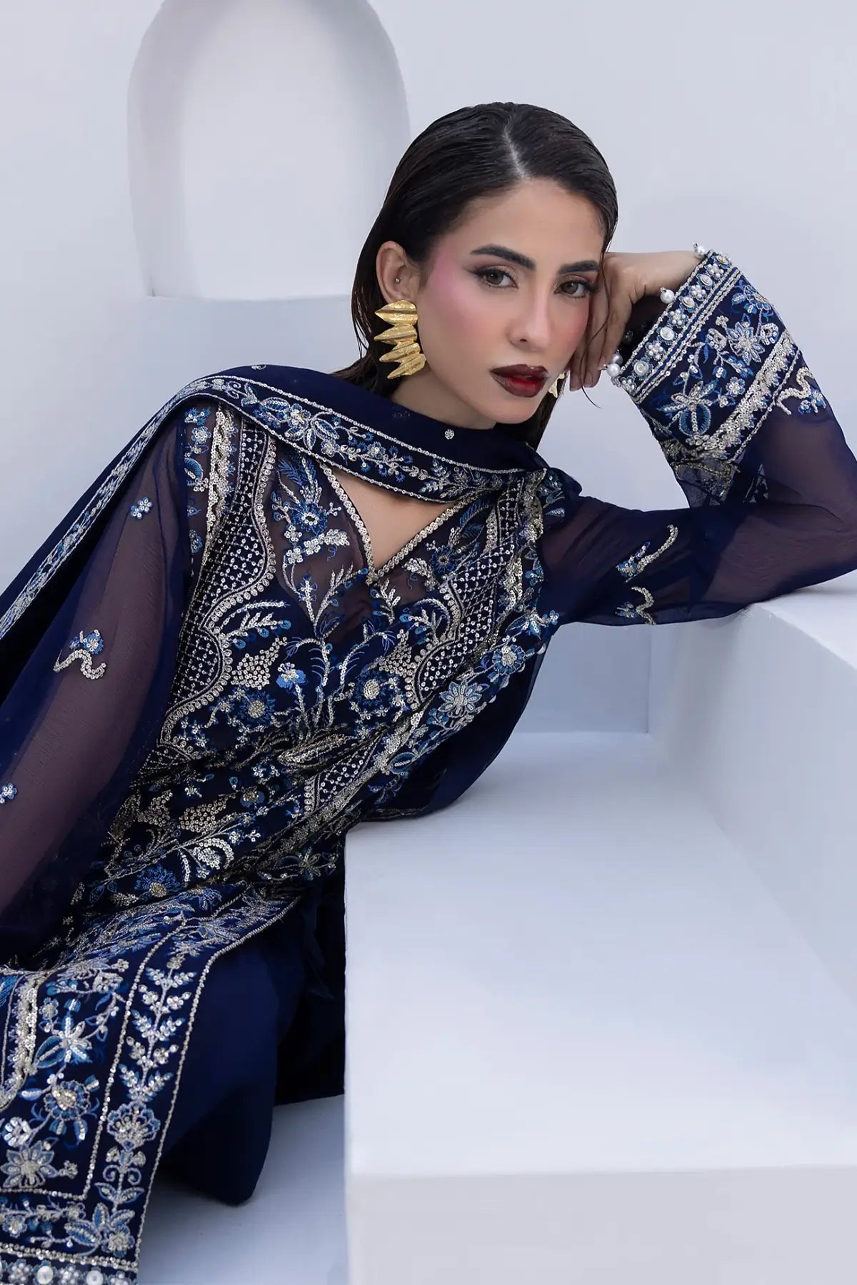 Lueur Gulaal Maeri Luxury Chiffon Navy Blue Stitched Suit with embroidered chiffon shirt, dupatta and raw silk trousers