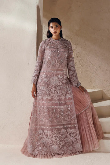 Lueur Modern Muse 26 mauve hand embellished organza stitched formal suit with crushed inner and silk dupatta