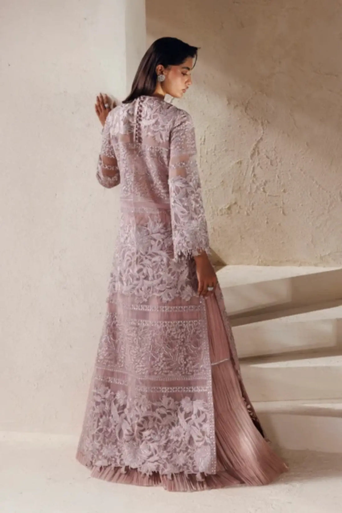 Lueur Modern Muse 26 mauve hand embellished organza stitched formal suit with crushed inner and silk dupatta
