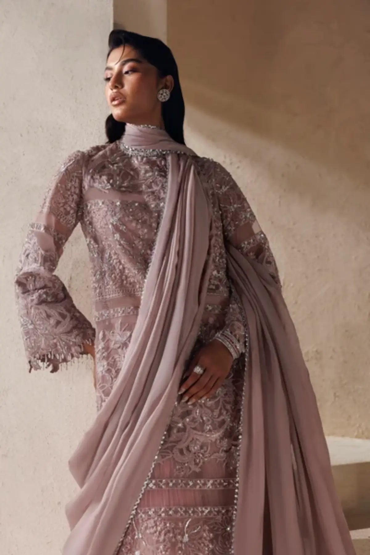 Lueur Modern Muse 26 mauve hand embellished organza stitched formal suit with crushed inner and silk dupatta