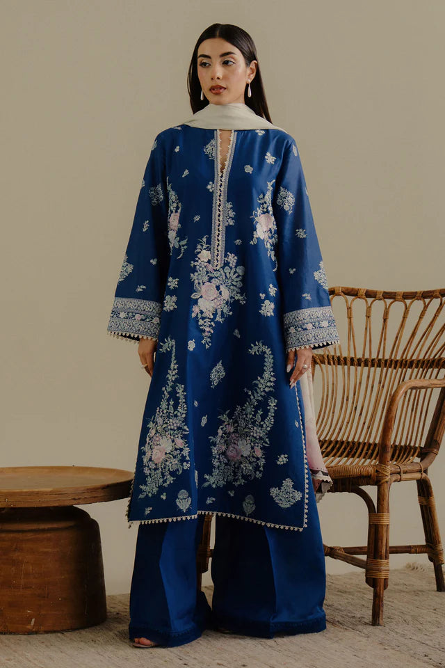 Luleh-3A- Pastel-toned blue embroidered lawn suit By- Zara Shahjahan