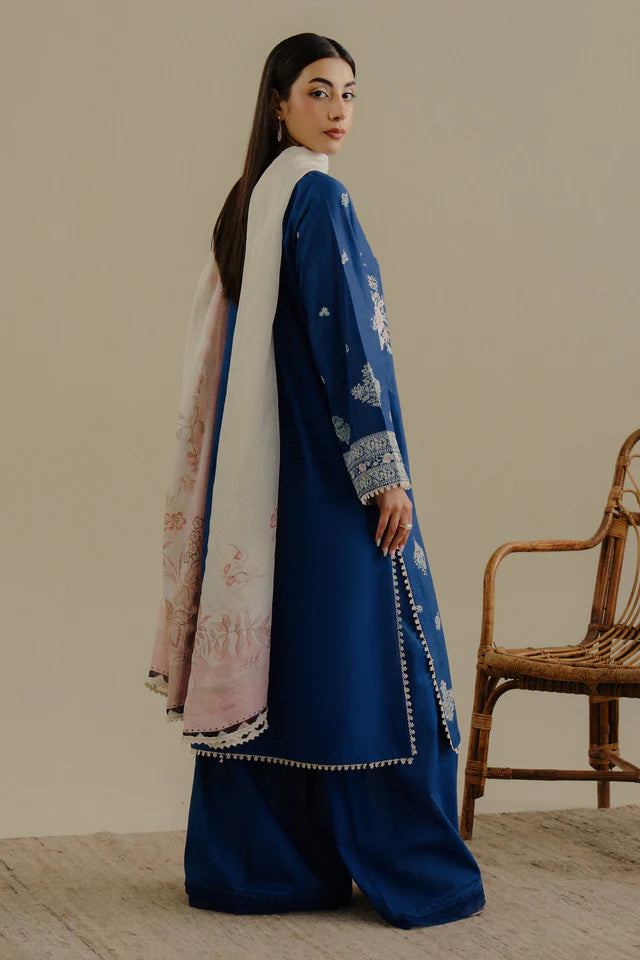 Luleh-3A- Pastel-toned blue embroidered lawn suit By- Zara Shahjahan