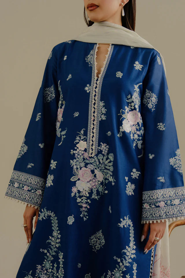 Luleh-3A- Pastel-toned blue embroidered lawn suit By- Zara Shahjahan