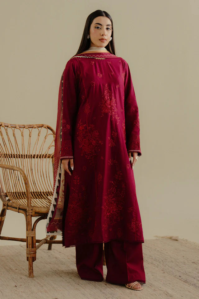 Luleh-3B- Red embroidered lawn suit for casual wear By- Zara Shahjahan