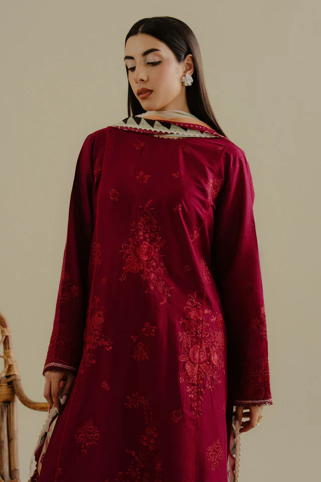 Luleh-3B- Red embroidered lawn suit for casual wear By- Zara Shahjahan