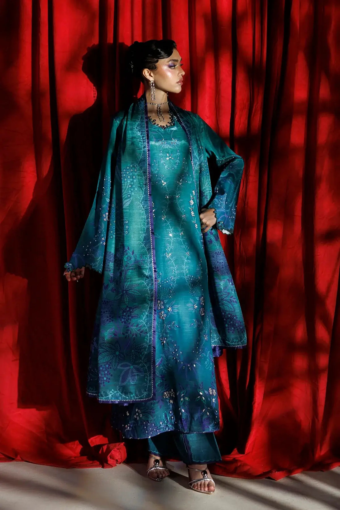 Lumeire deep teal hand embellished raw silk stitched Pakistani formal suit with printed Tusser silk dupatta