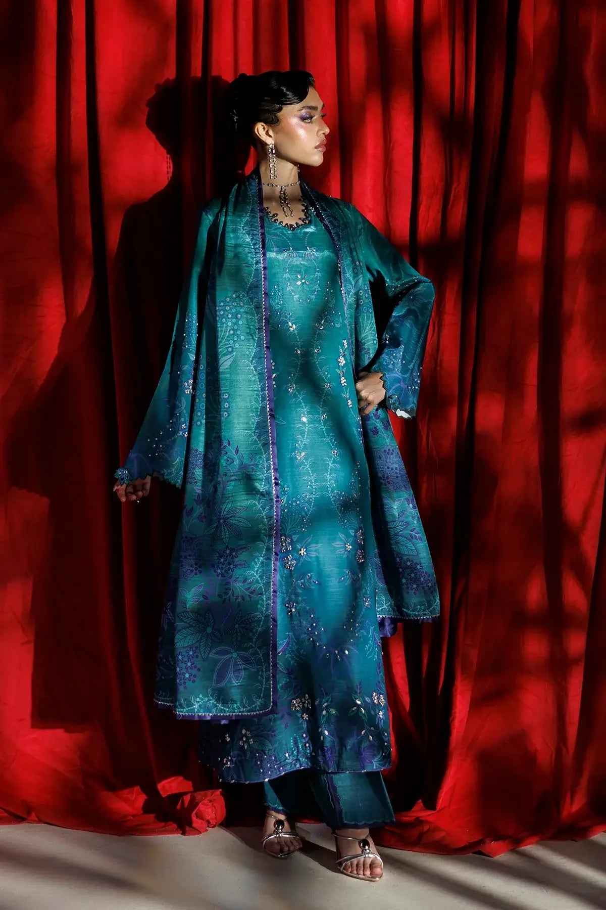 Lumeire deep teal hand embellished raw silk stitched Pakistani formal suit with printed Tusser silk dupatta
