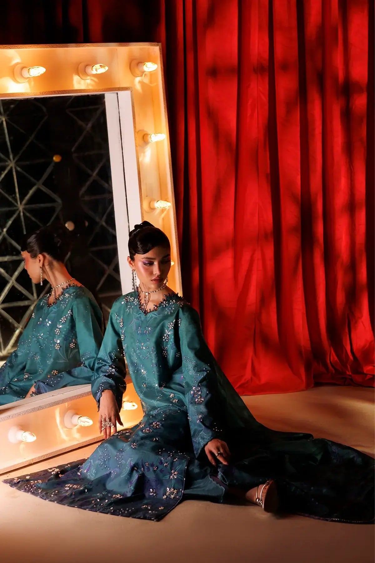 Lumeire deep teal hand embellished raw silk stitched Pakistani formal suit with printed Tusser silk dupatta