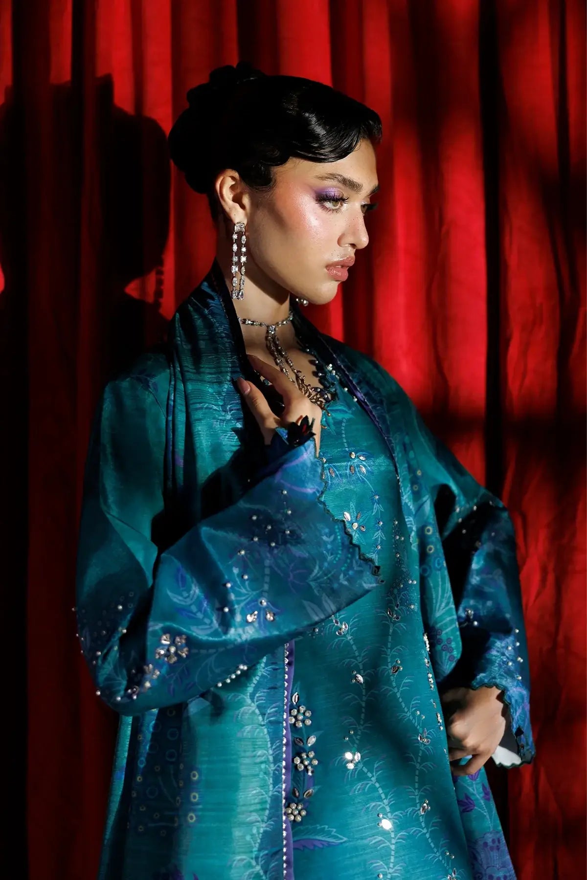 Lumeire deep teal hand embellished raw silk stitched Pakistani formal suit with printed Tusser silk dupatta