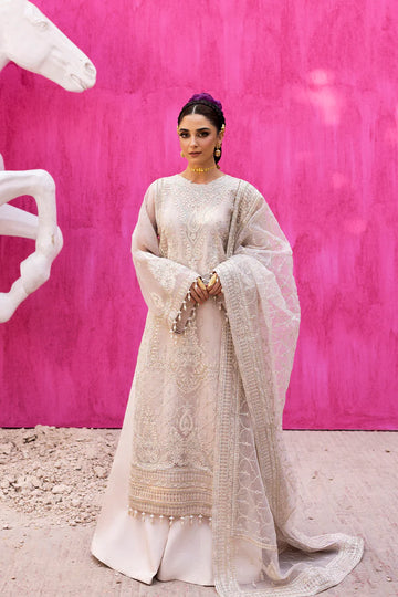 Lumesse off-white organza embroidered formal suit with raw silk trouser and embroidered organza dupatta by Emaan Adeel, perfect for wedding guests.