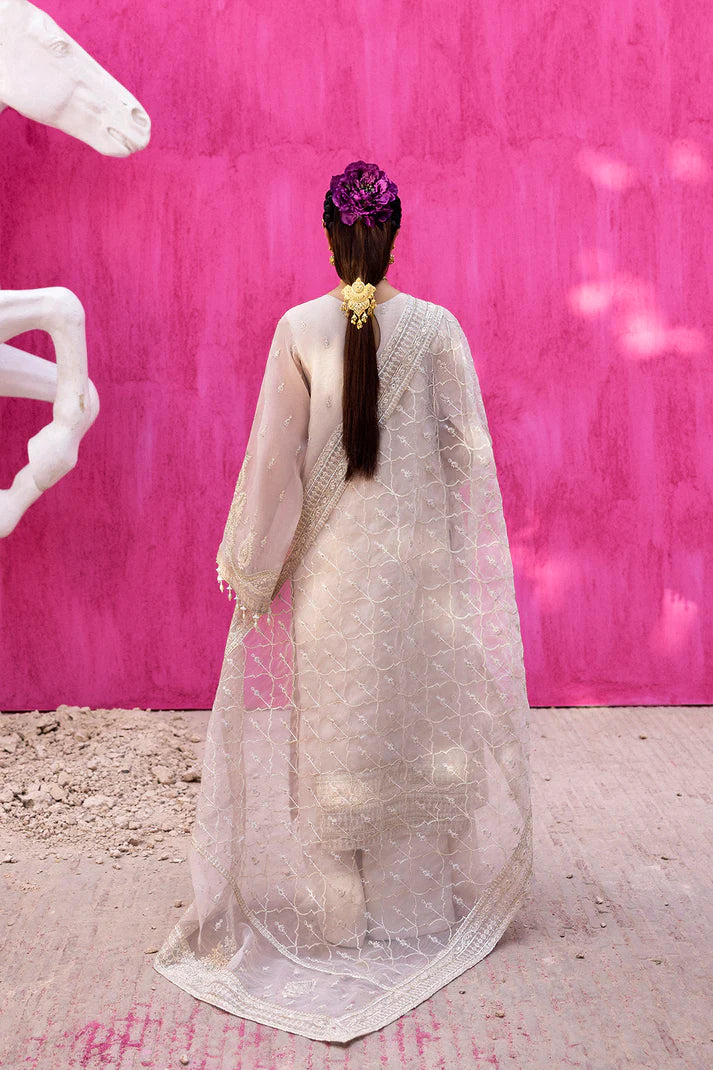 Lumesse off-white organza embroidered formal suit with raw silk trouser and embroidered organza dupatta by Emaan Adeel, perfect for wedding guests.