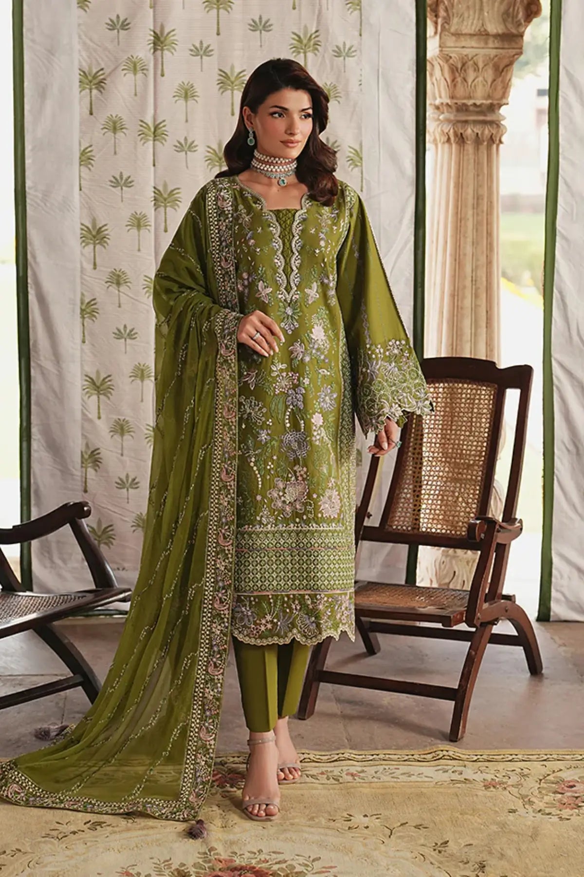 Gulaal Lumeva green embroidered sequined Maisone lawn stitched three piece suit ready to wear