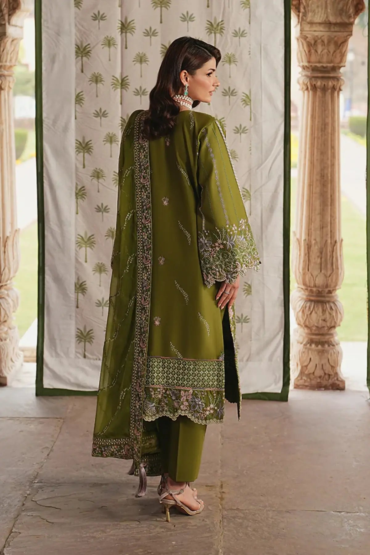 Gulaal Lumeva green embroidered sequined Maisone lawn stitched three piece suit ready to wear