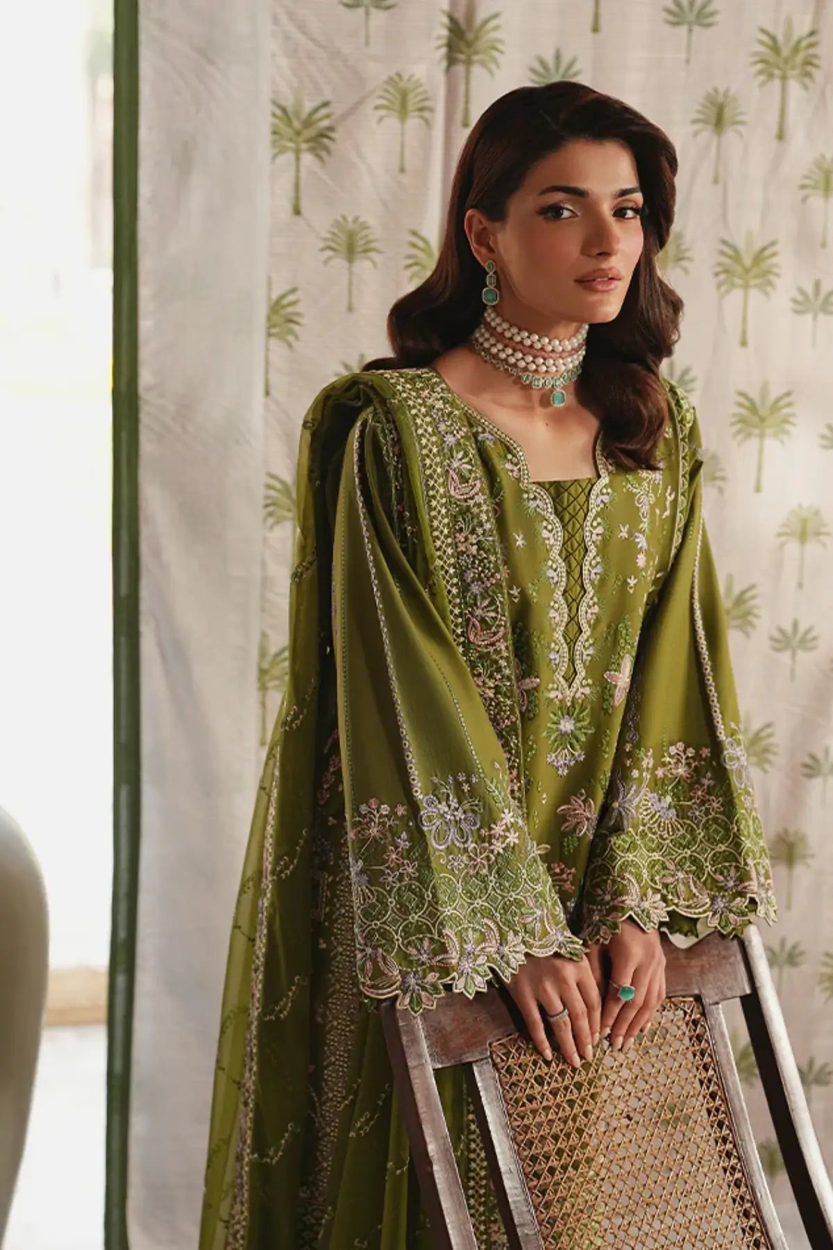 Gulaal Lumeva green embroidered sequined Maisone lawn stitched three piece suit ready to wear