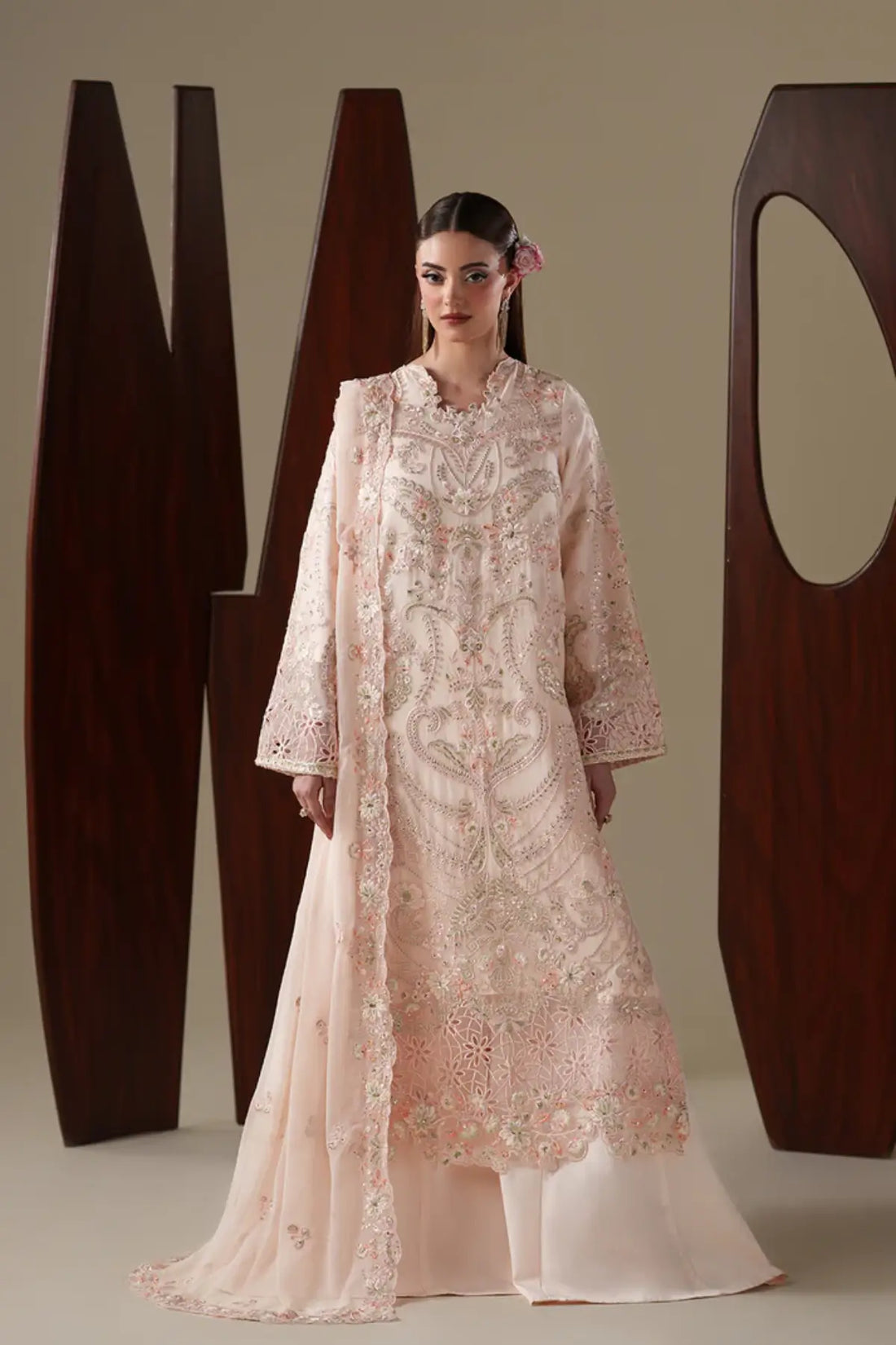Lumi Emaan Adeel Nouvelle Luxury Chiffon Peach Embroidered Stitched 3PC Suit | Pakistanimoda