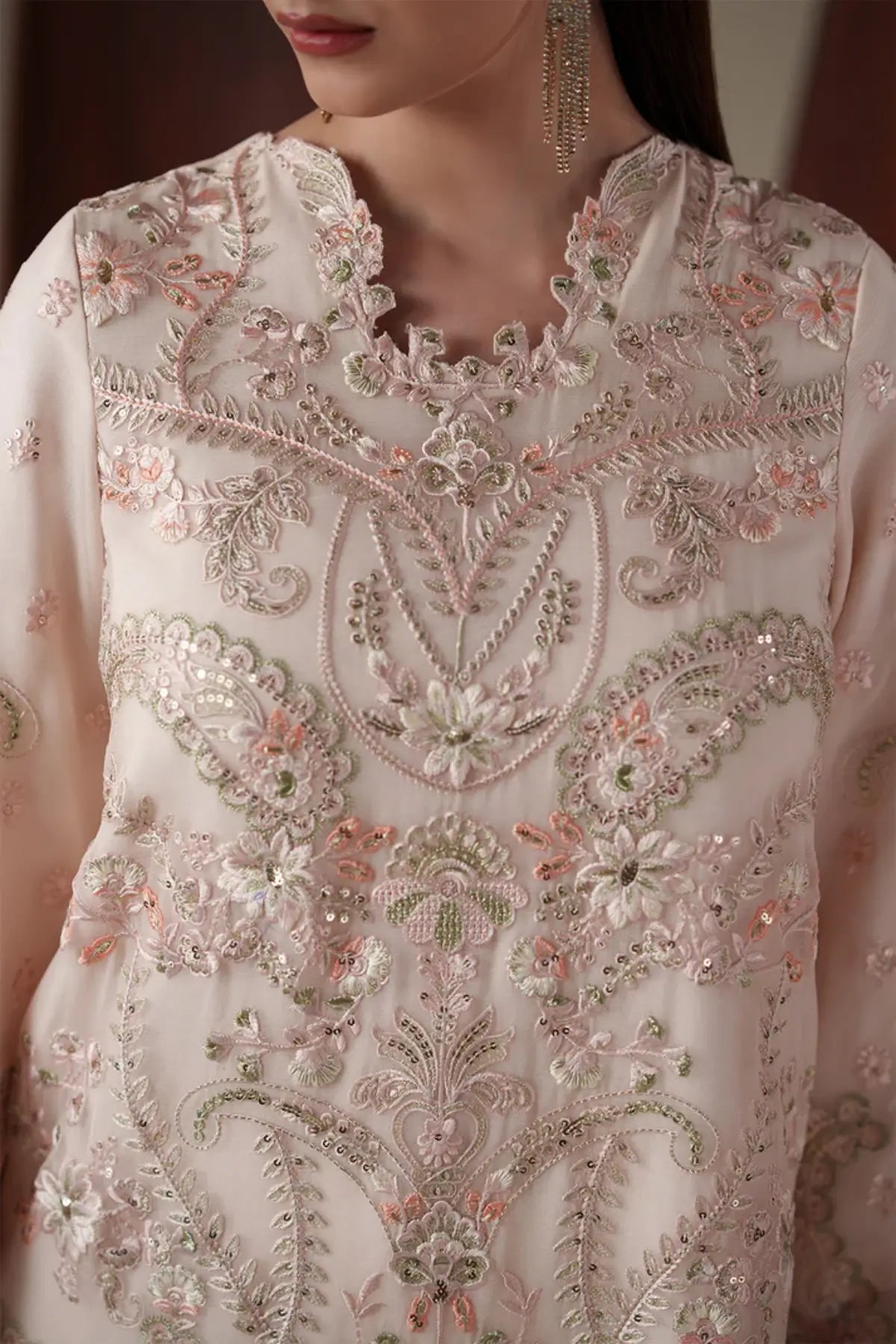 Lumi Emaan Adeel Nouvelle Luxury Chiffon Peach Embroidered Stitched 3PC Suit | Pakistanimoda