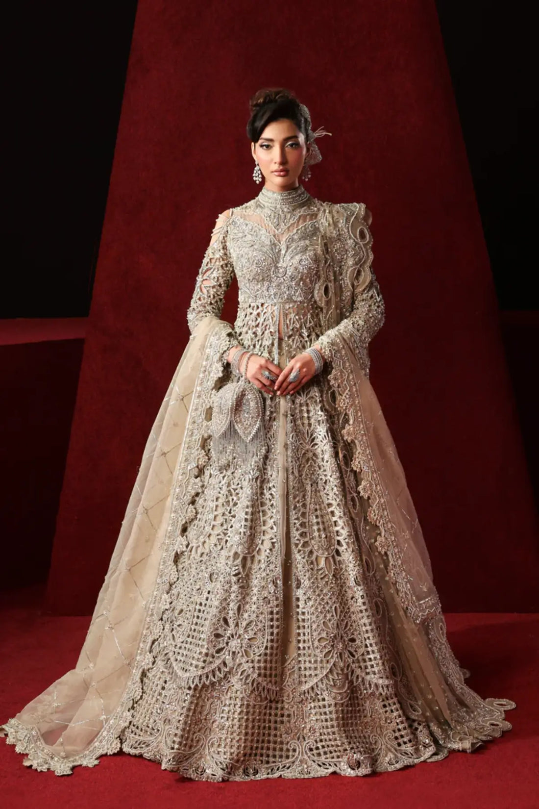 Lumina champagne luxury bridal lehenga from Akbar Aslam Serena Bridal Edit '26 crafted in organza and silk.