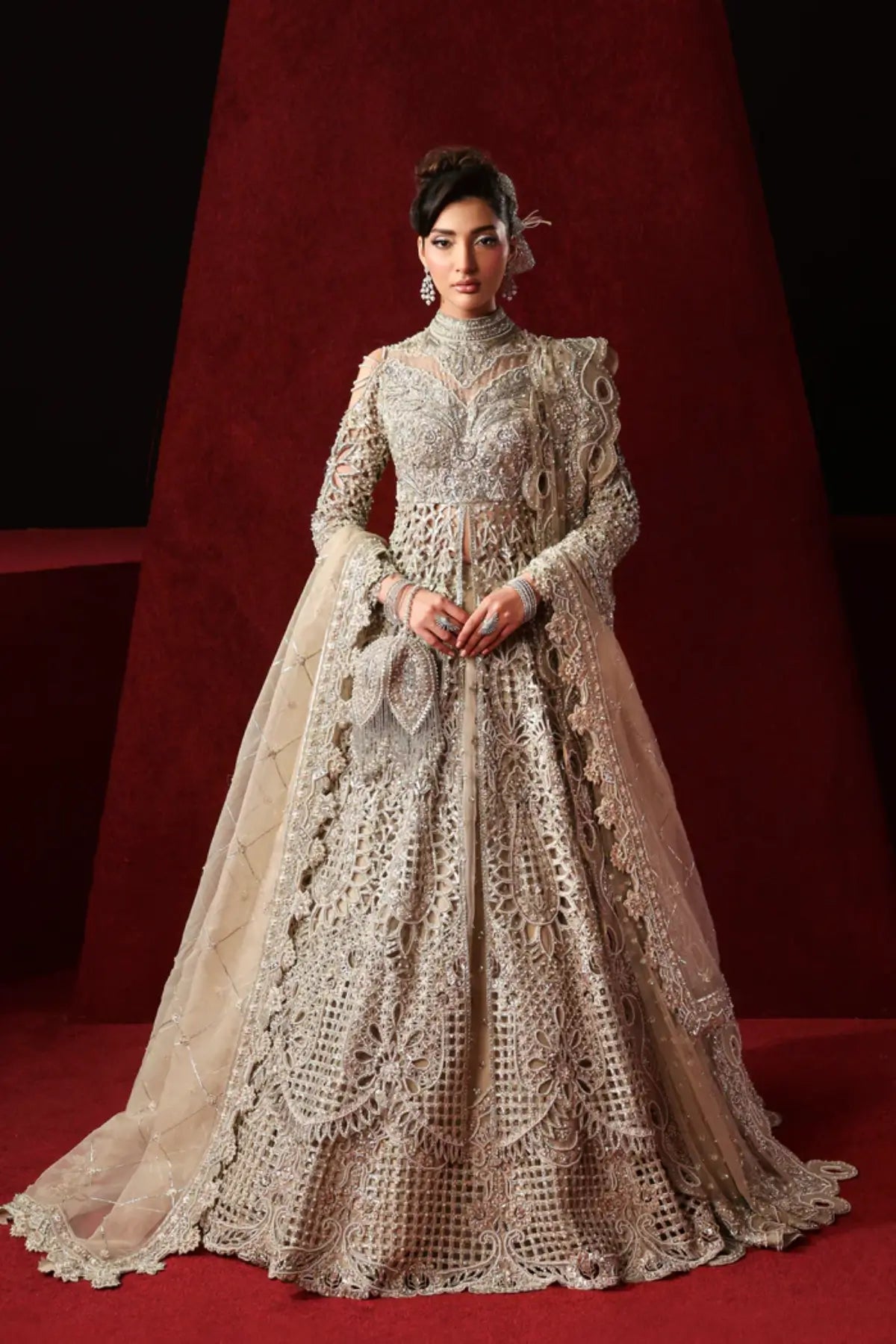 Lumina champagne luxury bridal lehenga from Akbar Aslam Serena Bridal Edit '26 crafted in organza and silk.