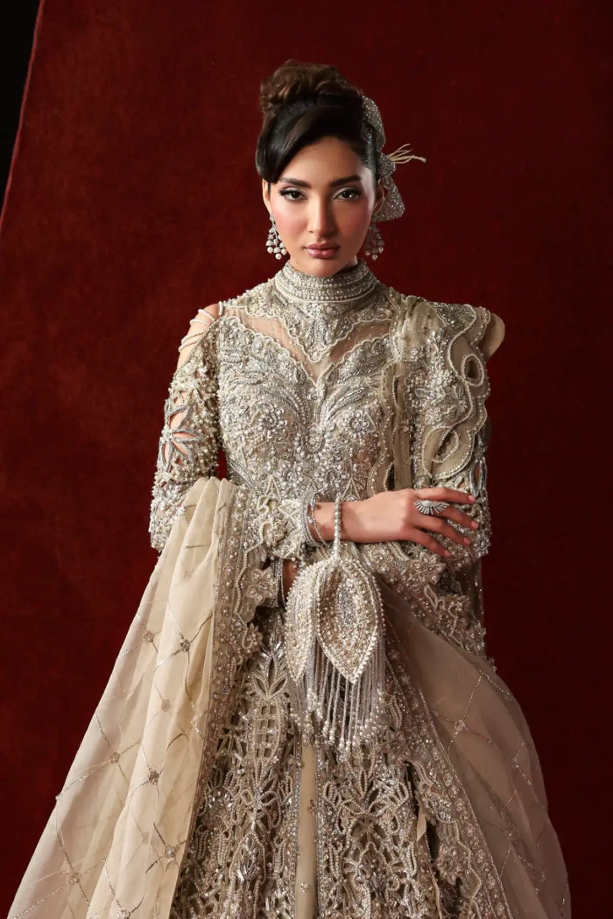 Lumina champagne luxury bridal lehenga from Akbar Aslam Serena Bridal Edit '26 crafted in organza and silk.