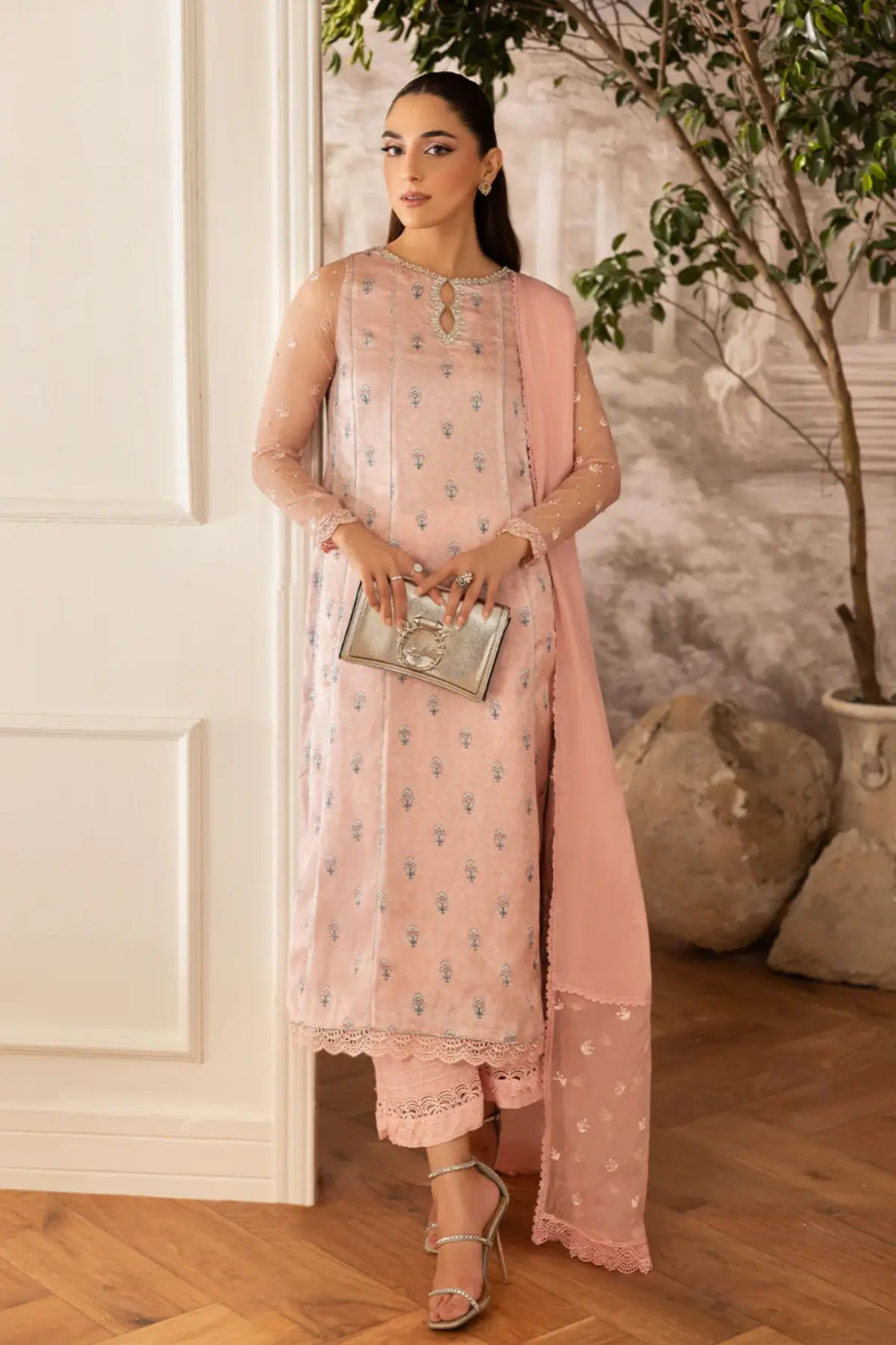 Lunara Maya Pret peachy pink silk Eid ensemble hand embellished.