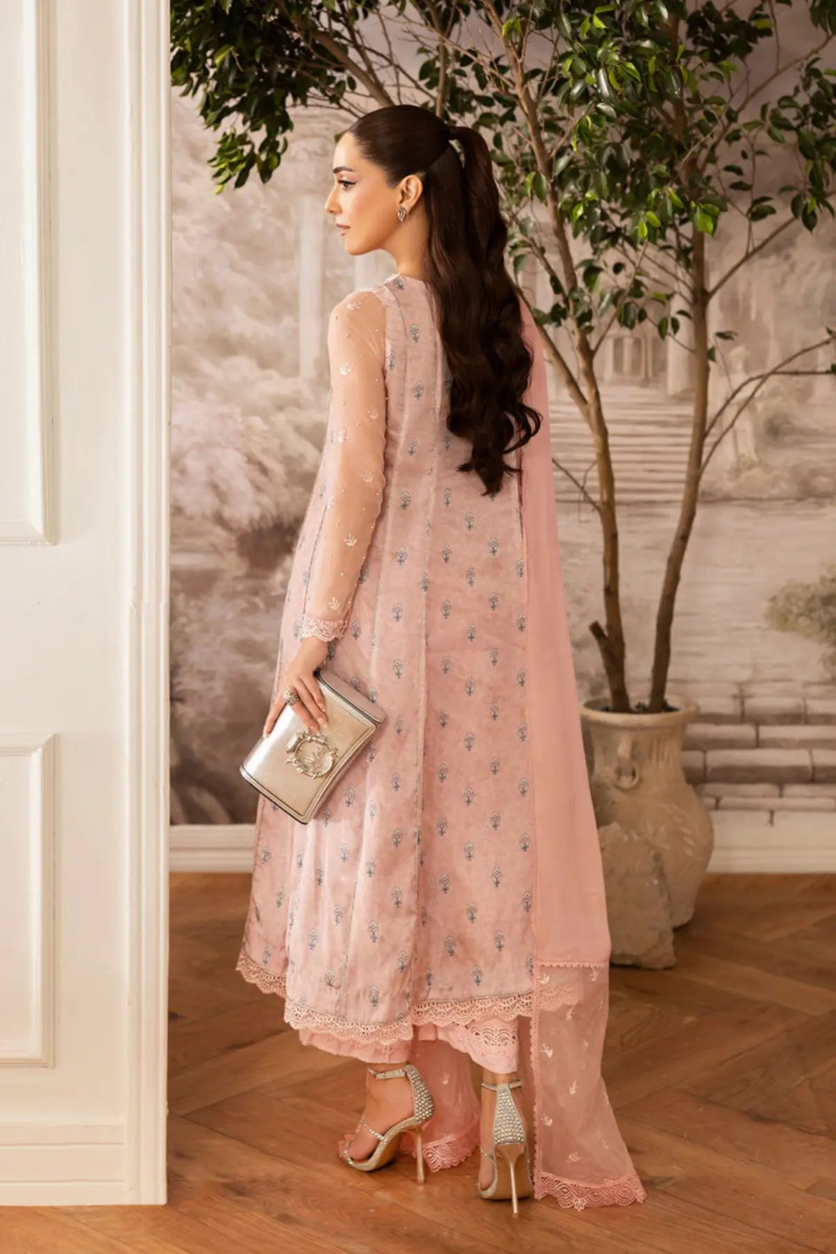 Lunara Maya Pret peachy pink silk Eid ensemble hand embellished.