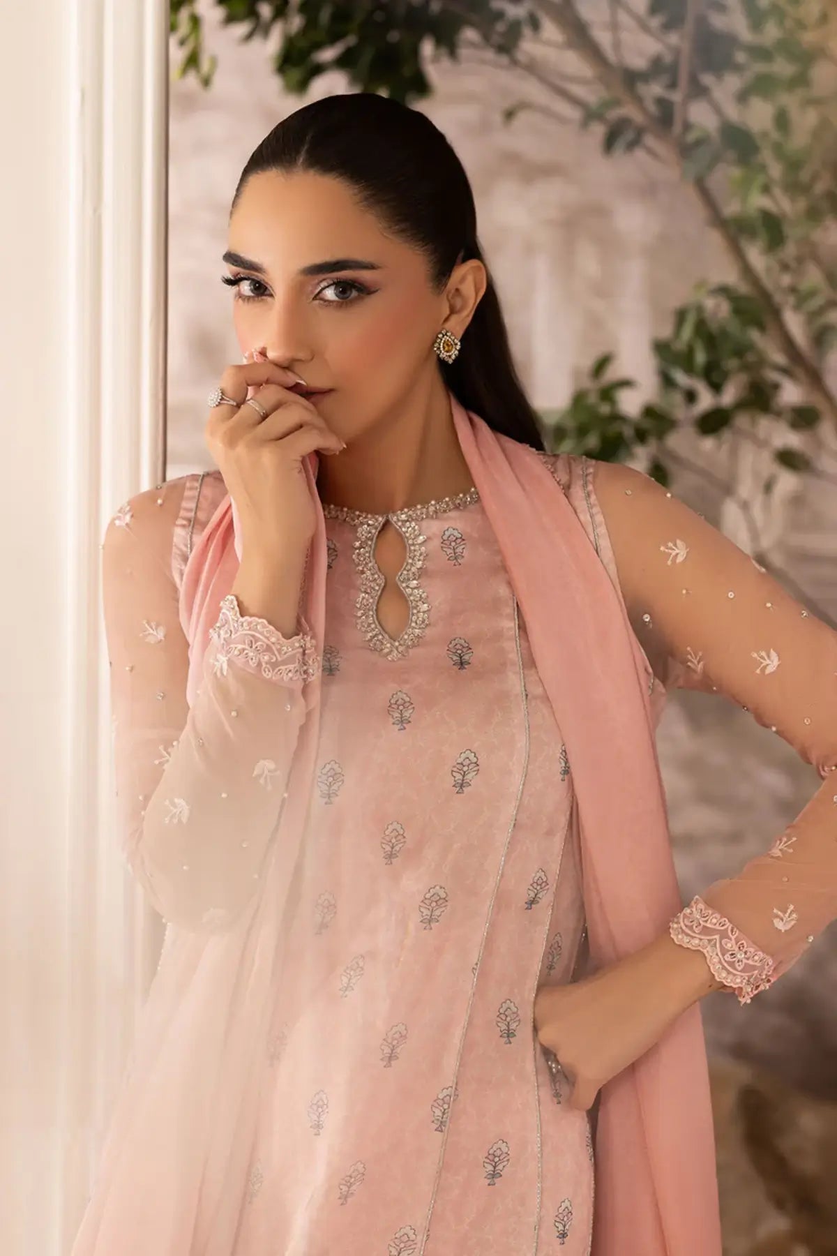 Lunara Maya Pret peachy pink silk Eid ensemble hand embellished.