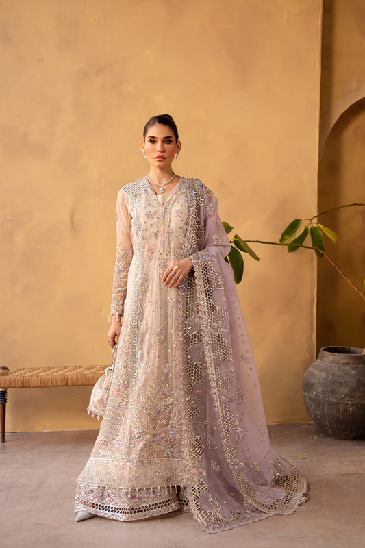Lilac and pink organza embroidered wedding suit with silk trousers.