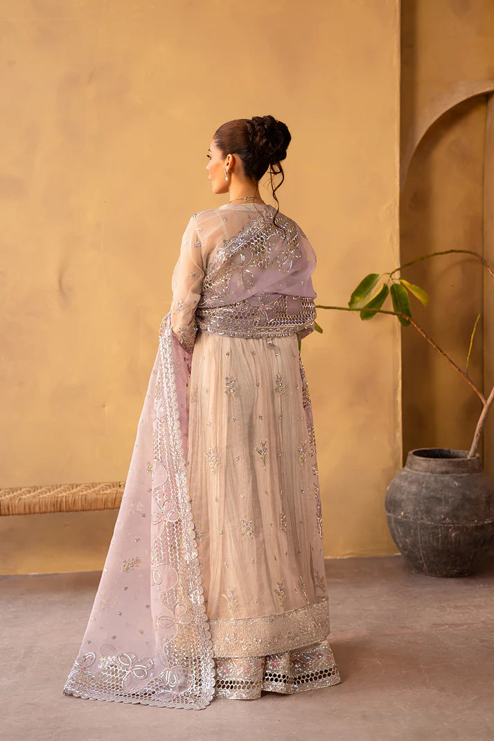 Lilac and pink organza embroidered wedding suit with silk trousers.