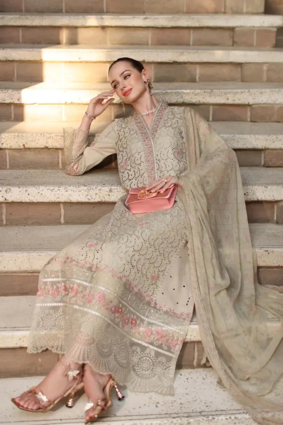 Lunaria D5-A champagne luxury lawn ready suit by Saadia Asad Noor Luxury Eid Schiffli ’26